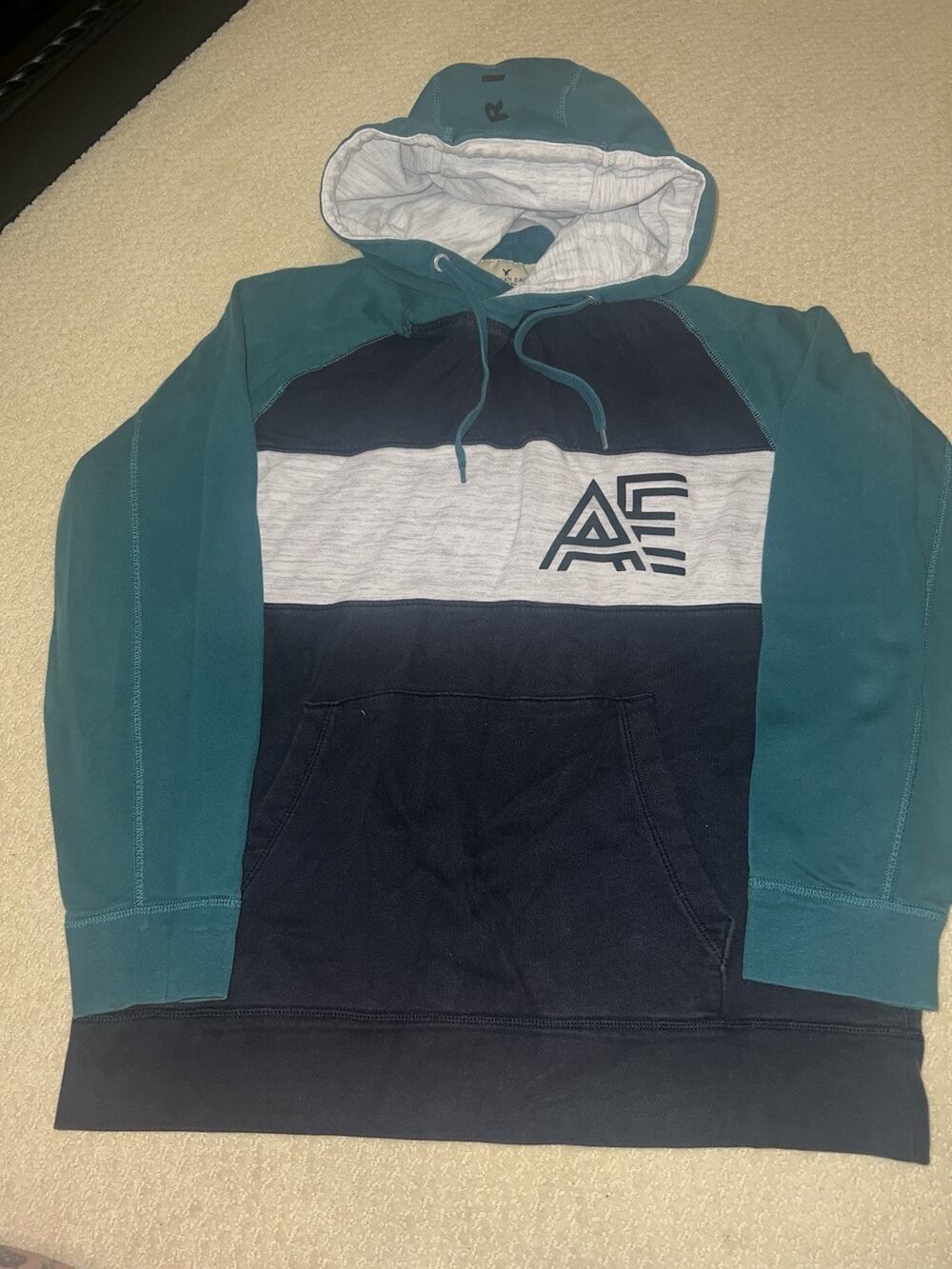 VTG American Eagle Colorblock Hoodie Sweatshirt Green Blue Logo AEO Large